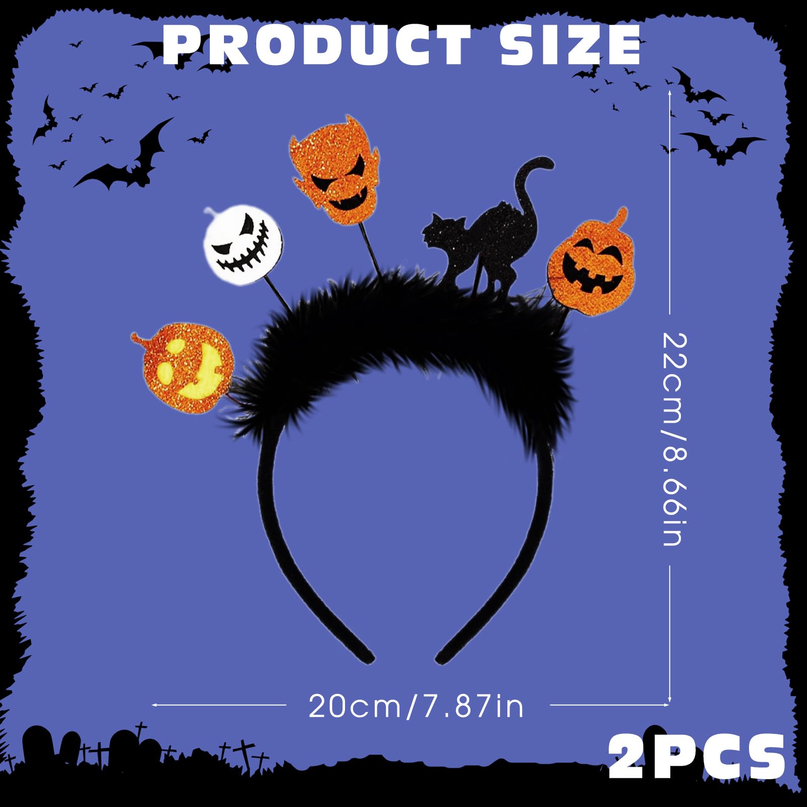 YAUOIPI 2 Pcs Halloween Headbands for Kids Glitter Pumpkin Witch Ghost Cat Hair Bands for Halloween Cosplay Party Masquerade Fancy Dress Carnival Accessories (Black) - Image 2