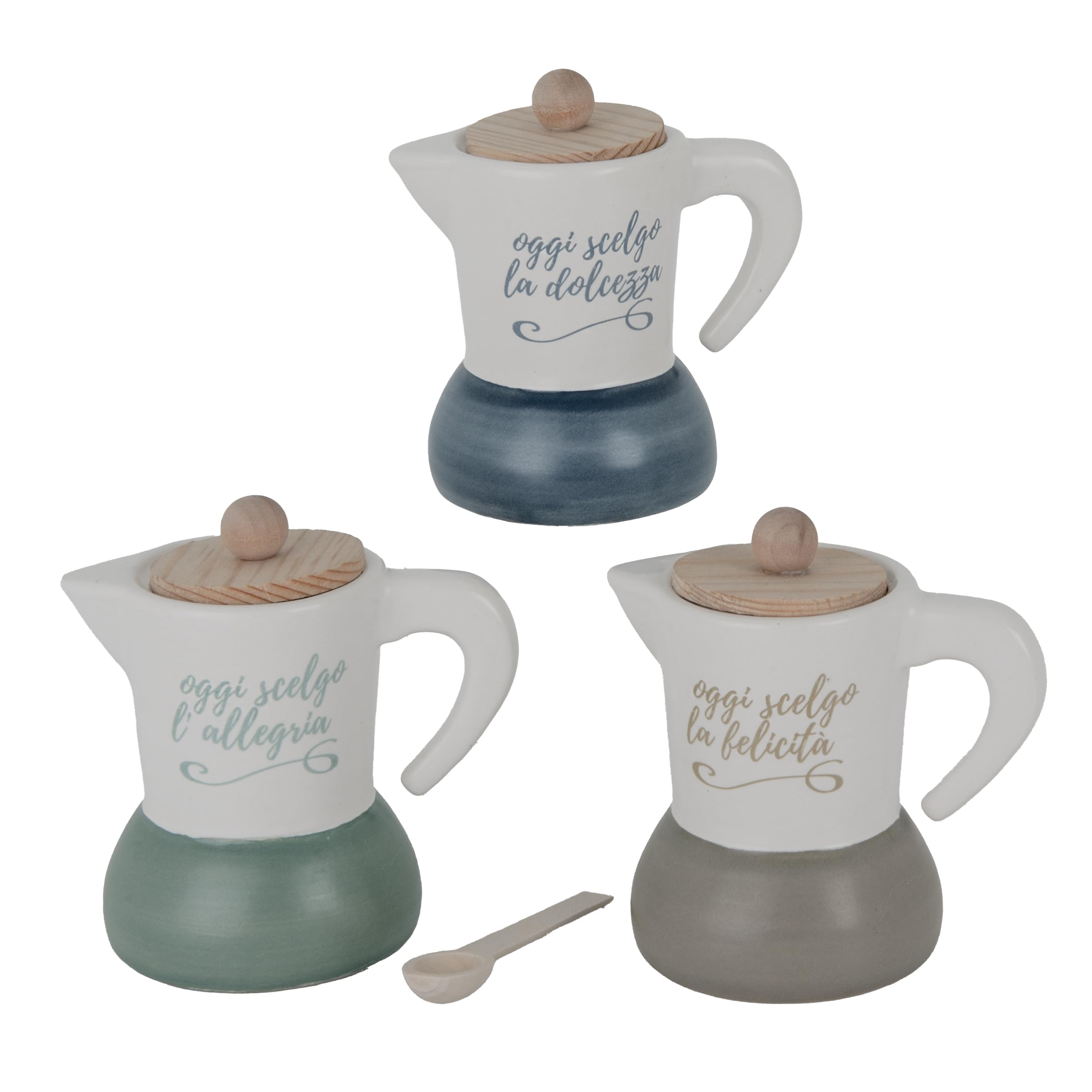 Doni Bomboniere Matrimonio 6PZ Zuccheriera A Forma di Moka Anniversario Comunione Cresima con Coperchio in Legno E Frasi Oggi Scelgo La Felicità L'Allegria Dolcezza Idee Regalo Complete Originali
