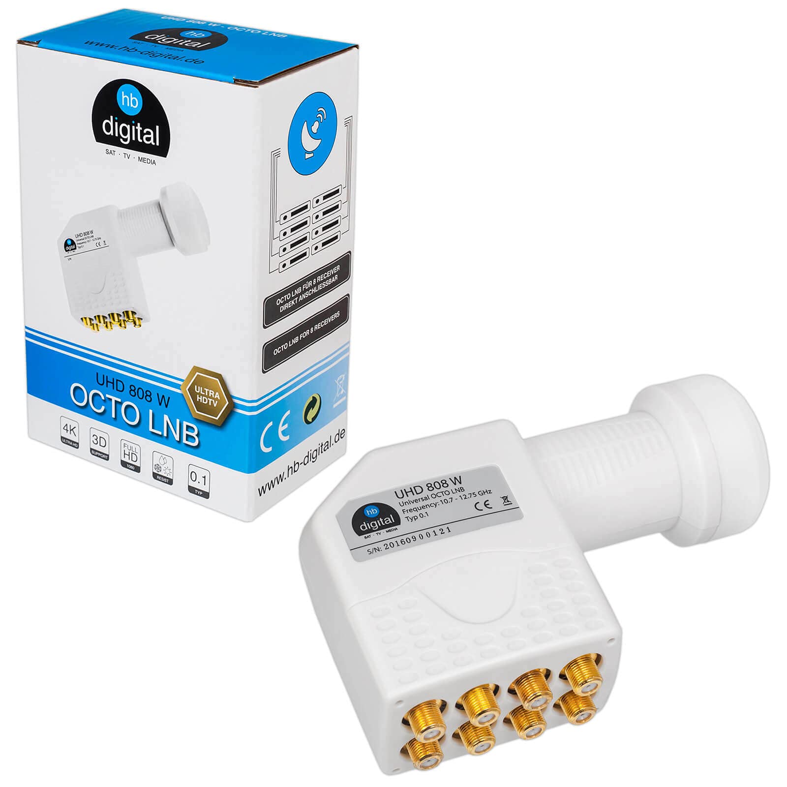 FUBA 78cm für 8 Teilnehmer (Direktanschluss) Digital SAT Anlage DAA780G + Octo LNB weiß 0,1dB Full HDTV 4K 3D + 16 Vergoldete F-Stecker und F- Montageschlüssel gratis dazu