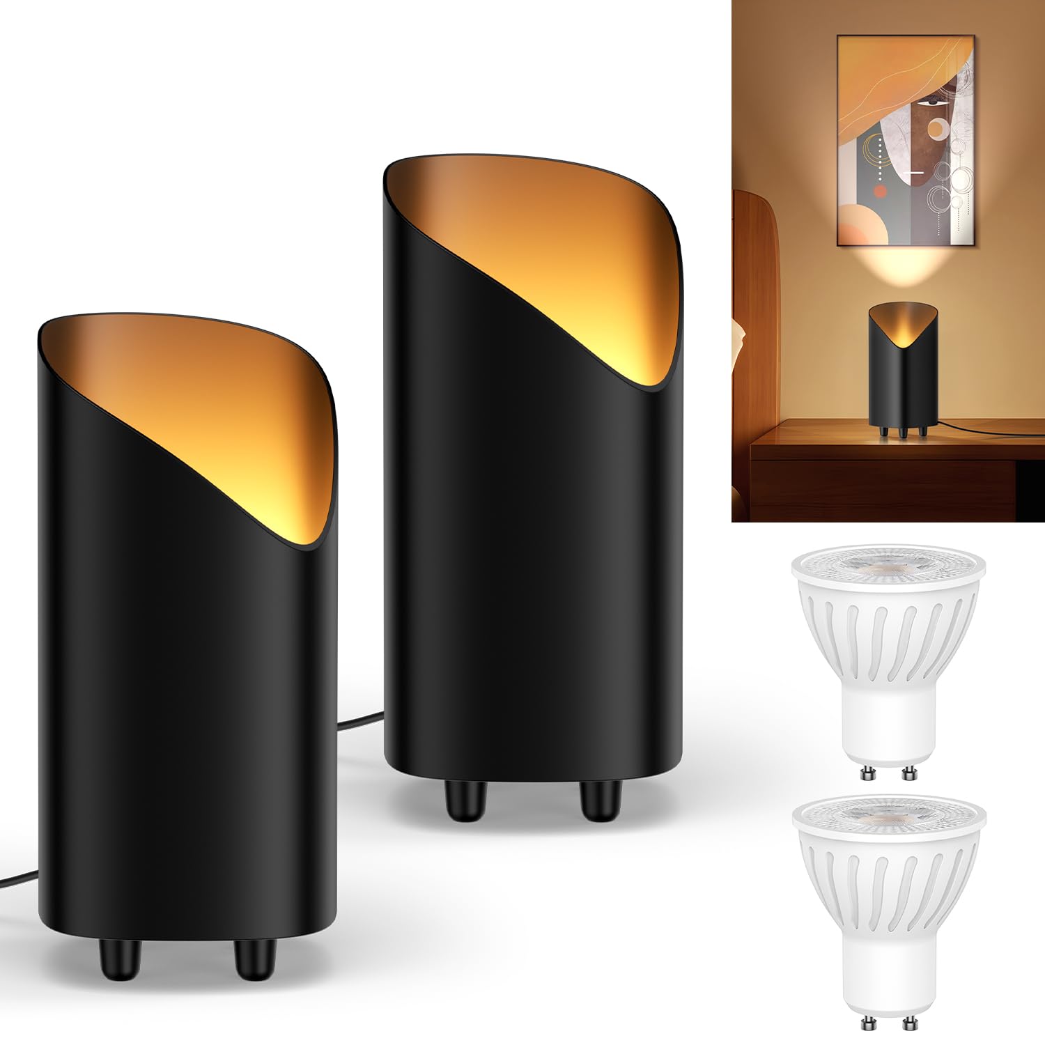 LED Uplight Spot 2 Stück, 7W Bodenstrahler, LED Bodenleuchte zur indirekten Beleuchtung, Standleuchte inklusive GU10 LED Lampe 500LM, Warmes Licht mit 3000 Kelvin, Schwarz
