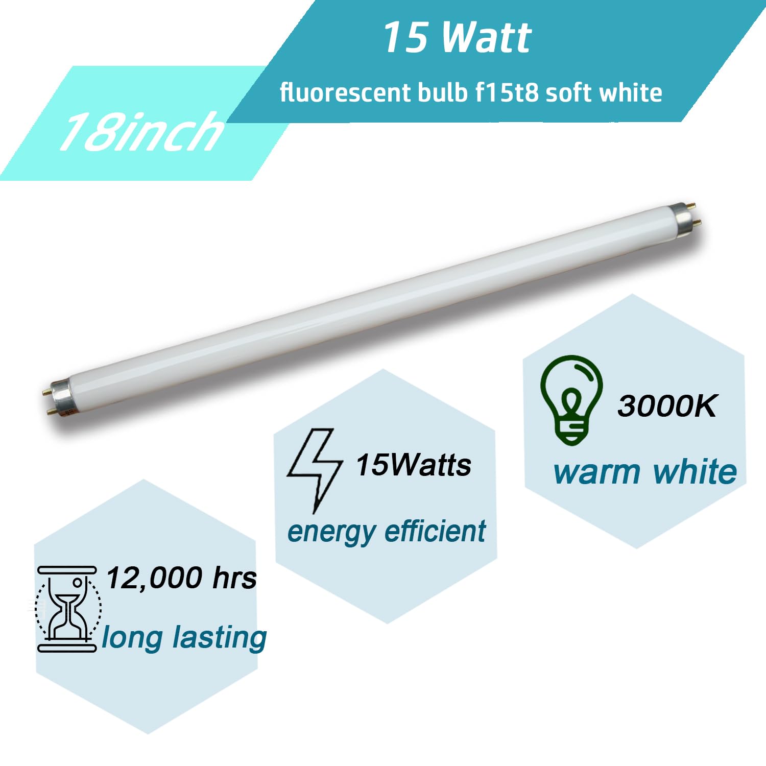 Bombilla fluorescente F15T8/WW (18 pulgadas) de 15 W, color blanco suave F15W-T8-KB, tubo de luz de repuesto, 3000 K, blanco cálido, lámpara lineal T8 para cocina y baño, 17 pulgadas, excluye