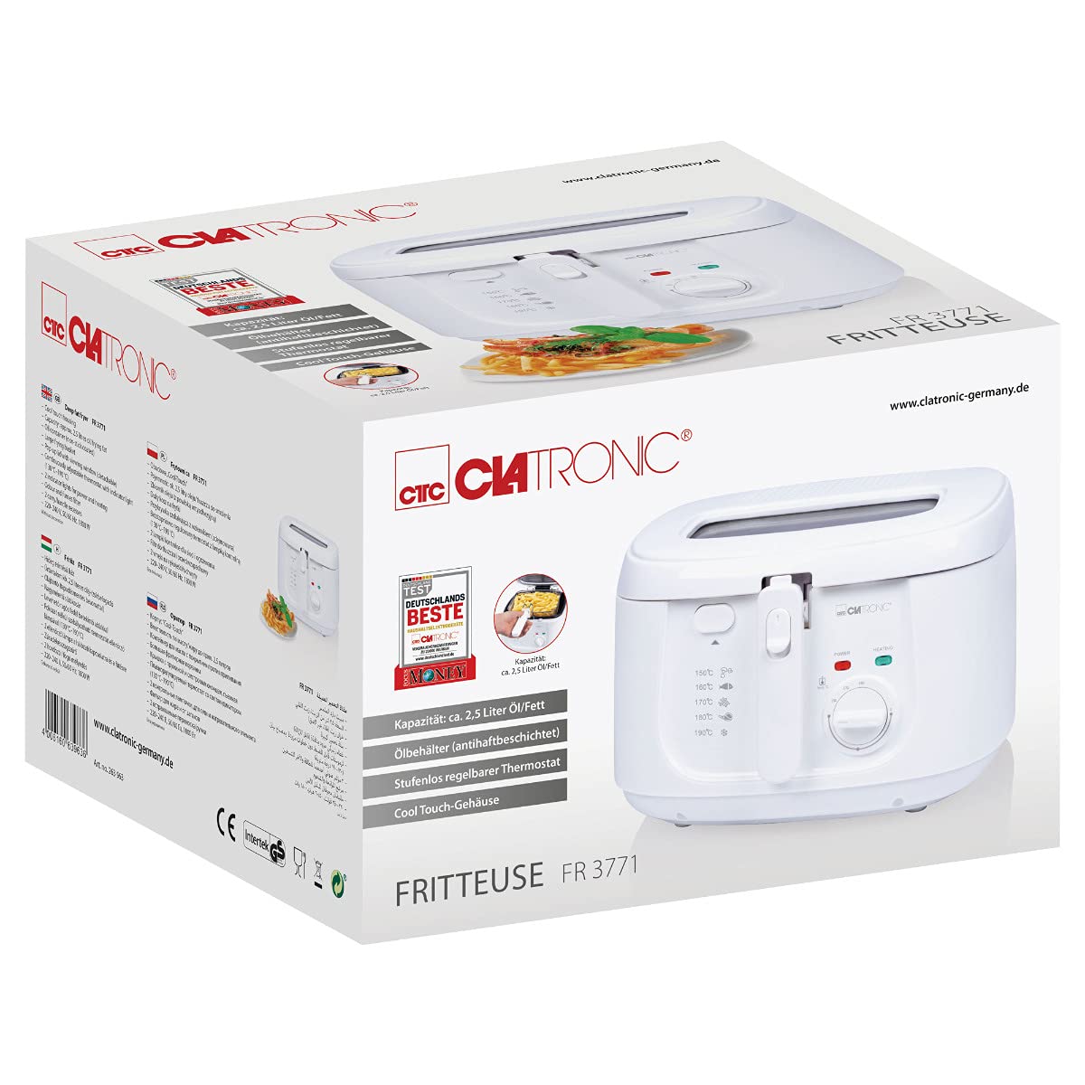 Clatronic® Friteuse avec huile | 2,5 litres huile/graisse | Filtre anti-odeur | avec grand panier à friture | Thermostat réglable en continu | avec réservoir d'huile antiadhésif | FR 3771