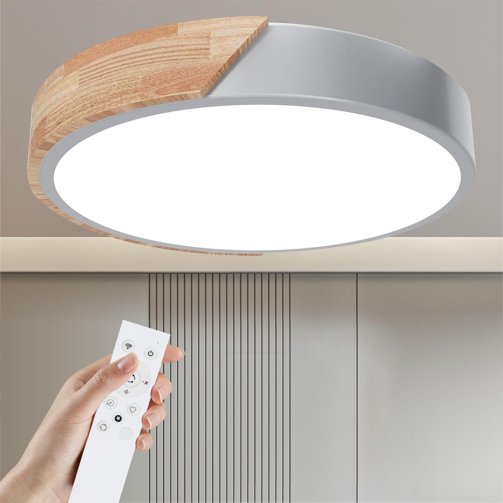Yexati Gray Ceiling Light Wood,Dimmable Ceiling 3000K-6000K,Remote Controlled Led Ceiling Light,24W Modern Light Fixture For Living Room, Bedroom And Hallway, 30Cm，