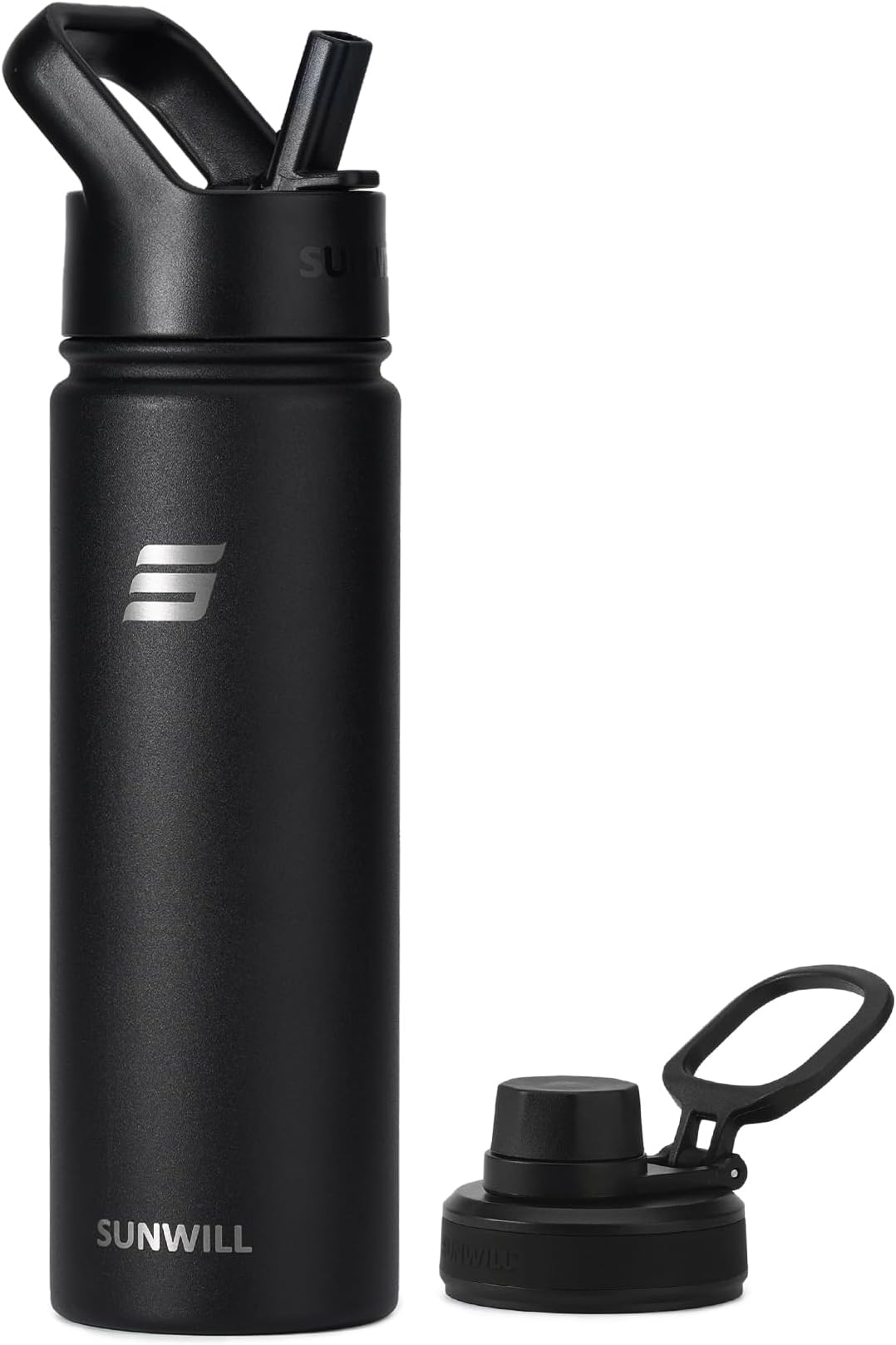 SUNWILL Metal Water Bottle with Straw Stainless Steel, 650ml Insulated Leakproof Thermal Flask for Cold and Hot Drink, Travel, Sports, Gym, Black