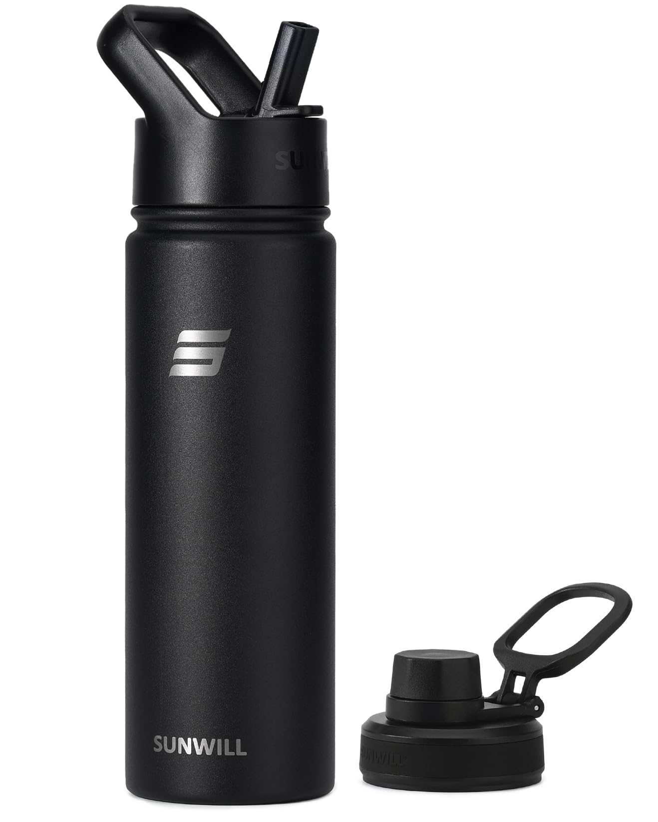 Metal Water Bottle with Straw Stainless Steel, 650ml Insulated Leakproof Thermal Flask for Cold and Hot Drink, Travel, Sports, Gym, Black