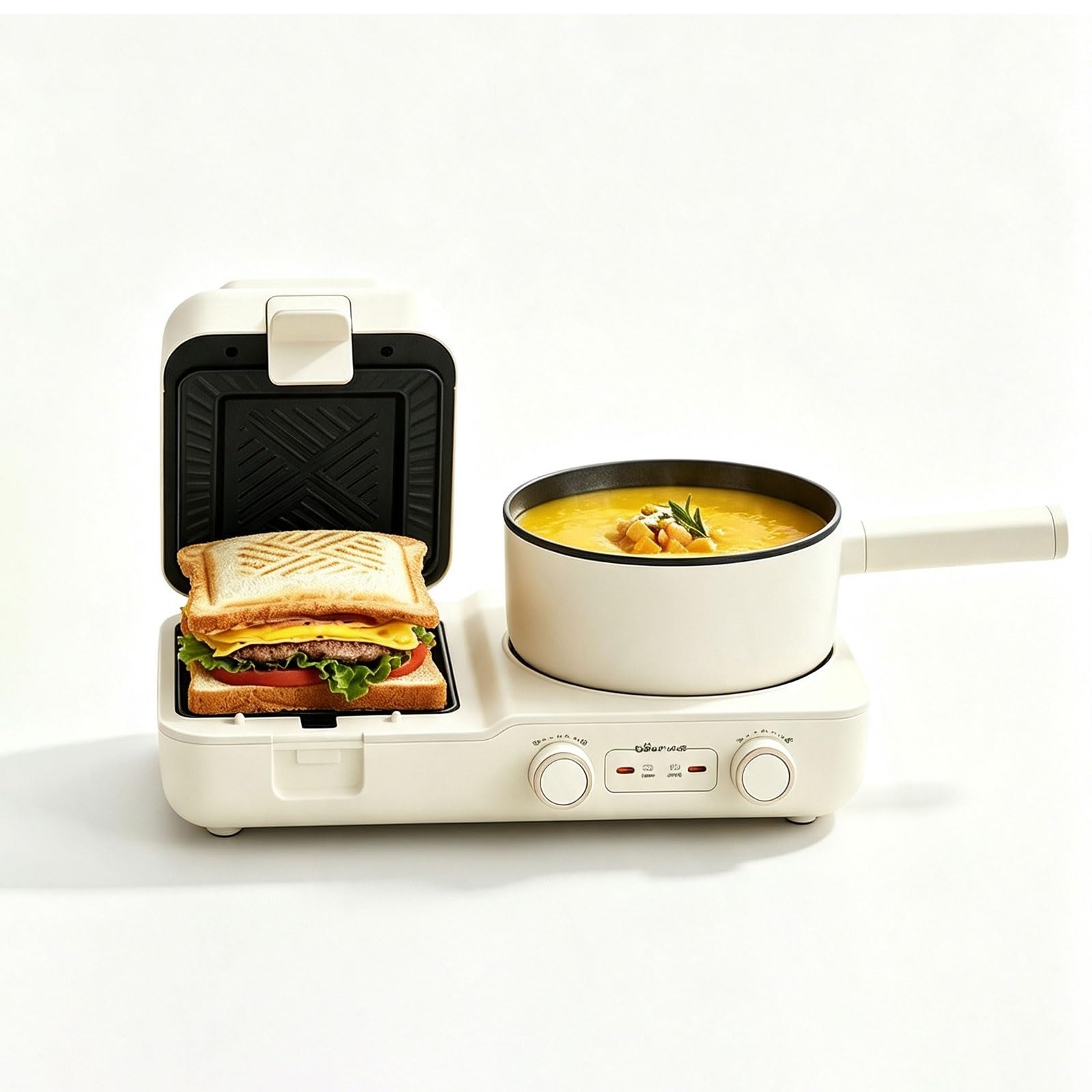 2-in-1-Frühstücksmaschine, 1400 W, zwei unabhängige Kochzonen | Antihaftbeschichtete Grillpfanne, herausnehmbarer Innentopf, Cool-Touch-Griff und spülmaschinenfeste Teile for Wohnungen