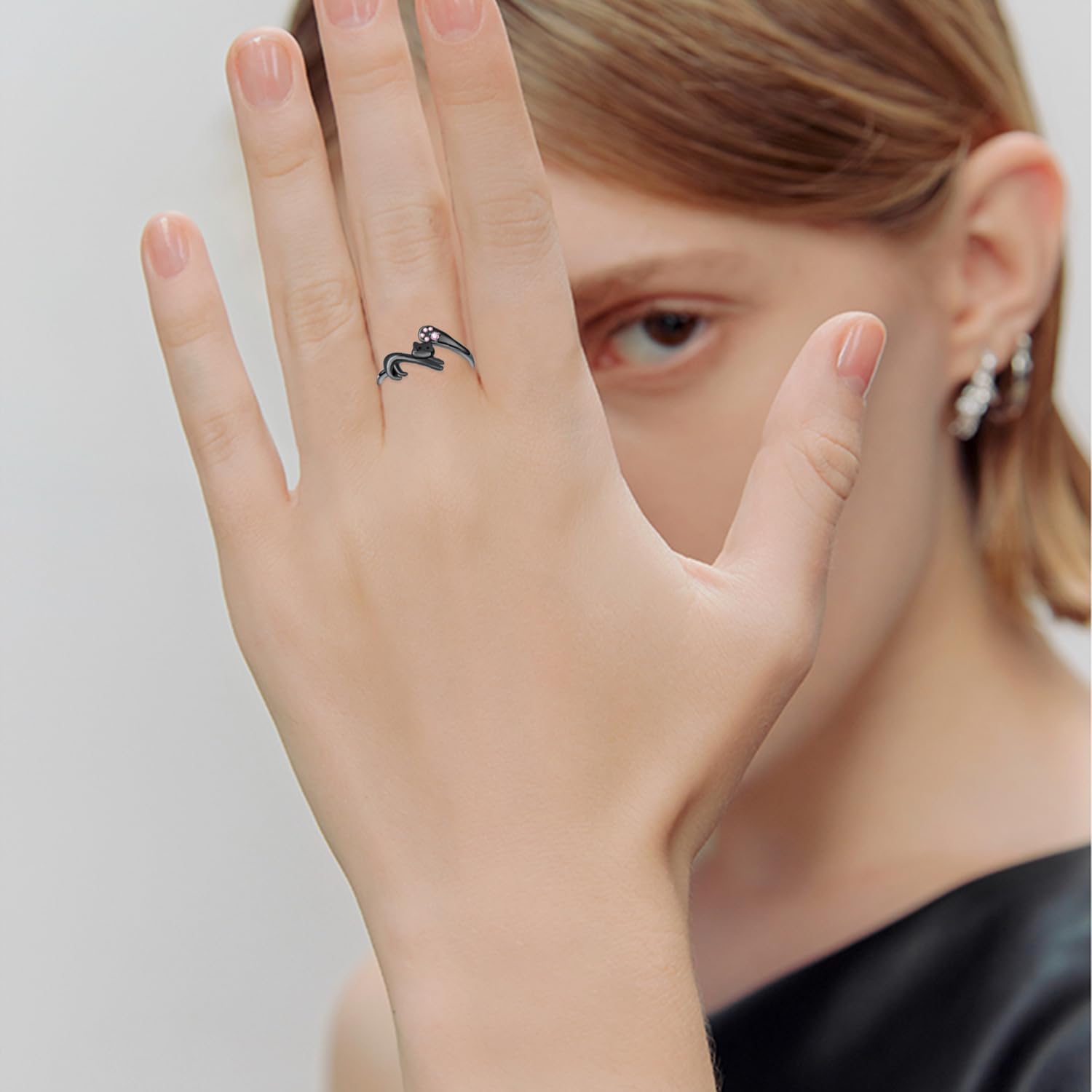 Black Cat Ring 925 Sterling Silver Cat Noir Ring Adjustable Black Cat Jewelry Gifts for Women - Image 3