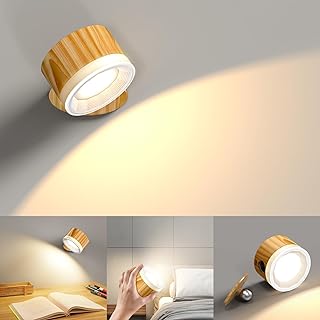 LED Wall Sconce, LED Wall Mounted Reading Lights, Cordless Wall Light with Rechargeable Battery Operated 3 Color Temperatures & 3 Brightness Levels, Touch Control, 360° Rotate Magnetic Ball - Wood