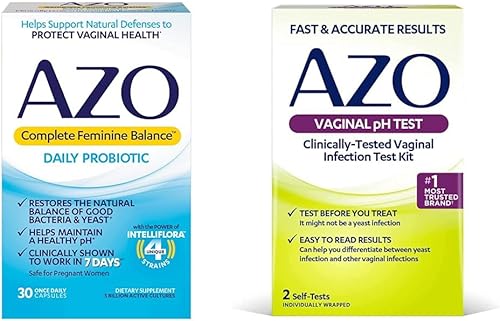 AZO Probióticos completos de equilibrio femenino para la salud vaginal, 30 unidades y kit de prueba de pH vaginal, 2 autopruebas