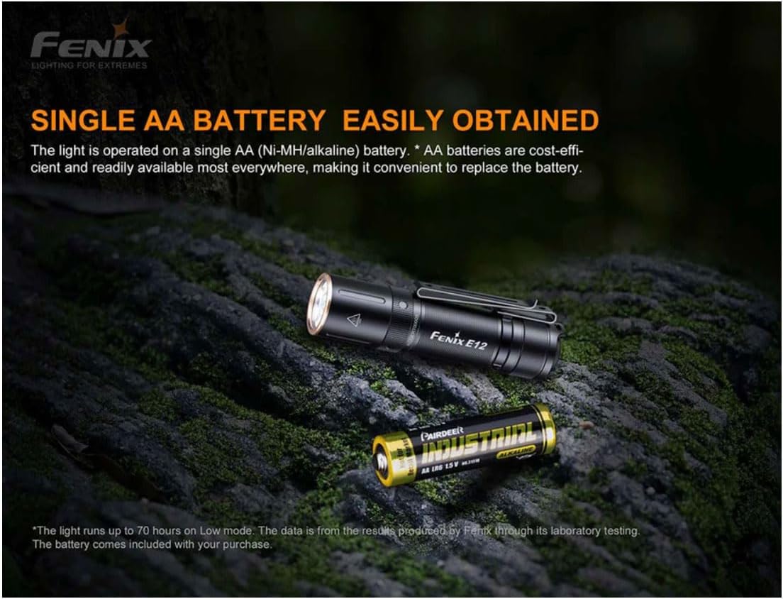 FENIX Flashlight E12-V2.0 160 Lumens. 3 Brightness Levels. Size: 77.6 x 19 x 17.6 mm. Weight: 27.3 g (Without Battery), Adults Unisex, Multicolor (Multicolor), One Size