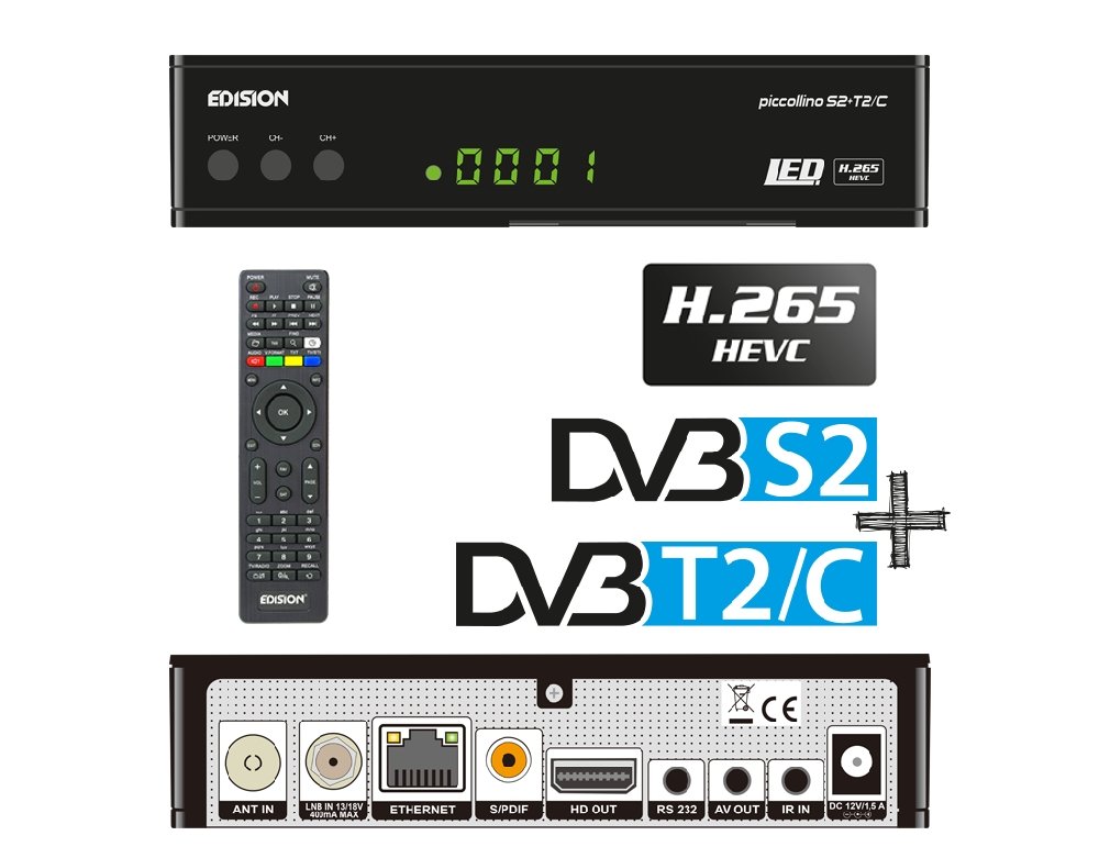 Edison Piccollino S2+T2/C Full HD Satelliten-Kabel-Receiver FTA HDTV DVB-S2/C/T2 (HDMI, AV, USB 2.0,Display,IR-Auge,CA,LAN) Deutsch vorpr.inkl.Wlanabel und HDMI Kabel