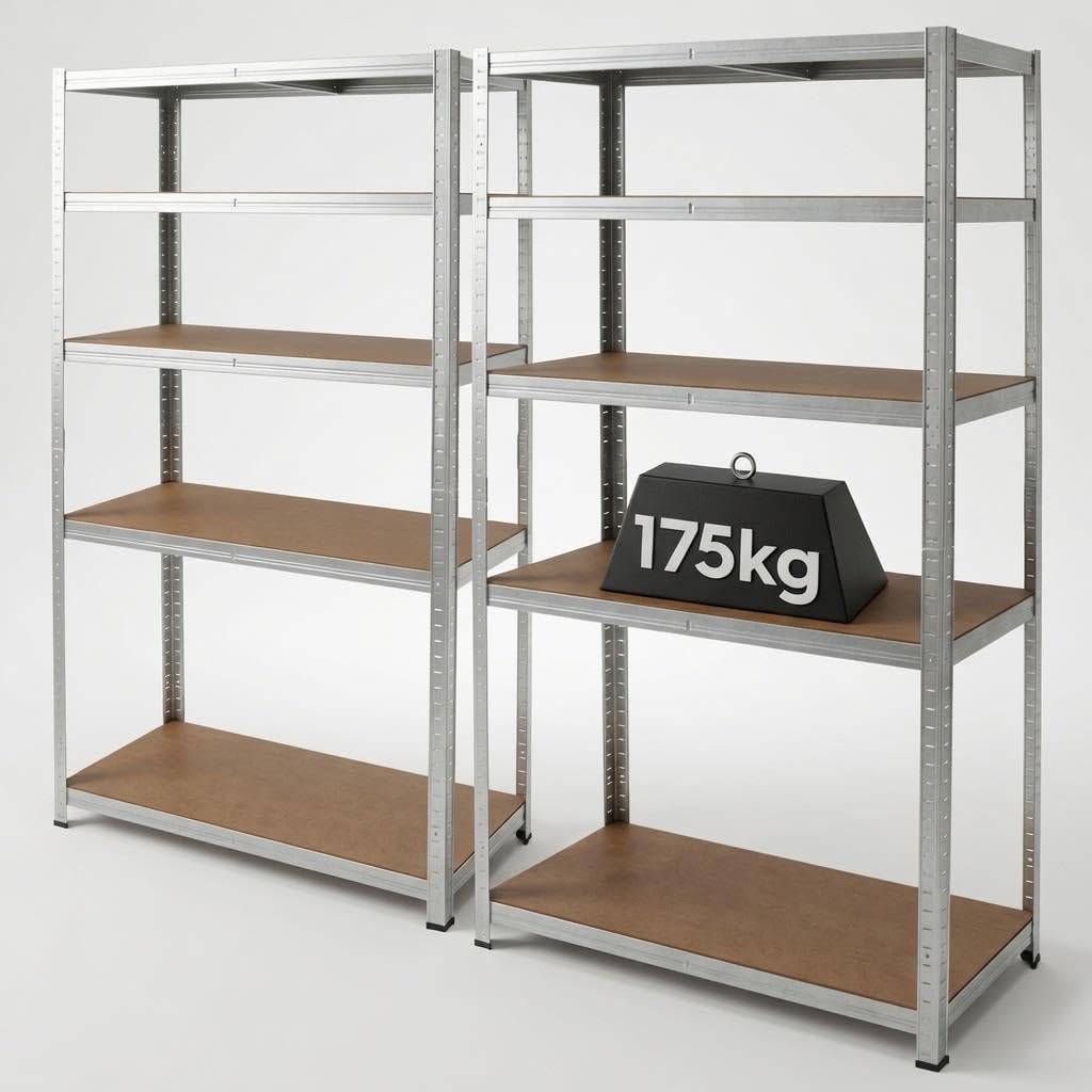 Harbour Housewares 5-Tier Steel Garage Shelving Units Set - Galvanised - 2 Pack Heavy Duty Free Standing Industrial Shed Storage Racking Shelves | Boltless Assembly | 875kg Capacity | 90 x 40 x 180cm Galvanised 90 x 40 x 180cm