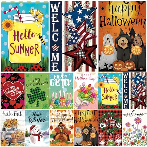 Seasonal Garden Flags Set of 12 Double Sided 12x18 Inch Small Yard Flags for Outside Spring Summer Fall Winter & Holiday Outdoor Decor 4th of July Halloween Christmas Decorations for All Seasons