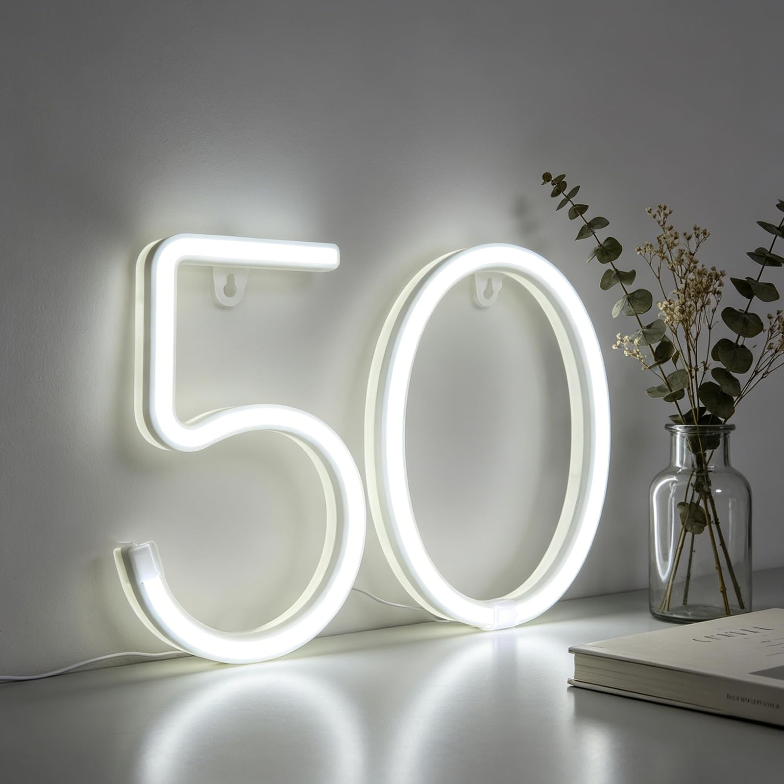 LED Neon Number Light, Neon Number Lights 50, LED Light Up Numbers for 50th Birthday Decorations, White Numbers Lights Sign for 50th Birthday Wedding Anniversary Home Bedroom Wall Party Decor