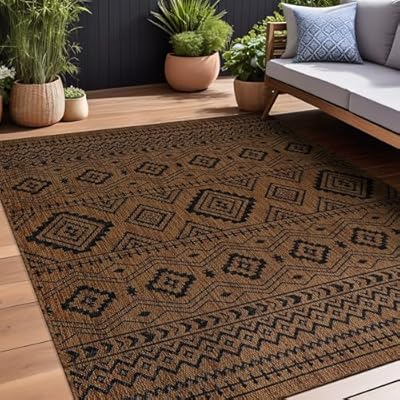 Beverly Rug Waikiki Boho Indoor Outdoor Rug 5x7, Washable Outside Carpet for Patio, Deck, Porch, Bohemian Area Rug, Farmhouse Rugs, Aztec Tribal Rug, Nut Brown and Black