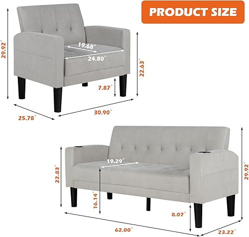 Miniatura 3 de AILEEKISS Juego de sofá de 3 piezas para sala de estar, sofá biplaza con 2 USB, portavasos, bolsillo lateral, juego de 3 sofás seccionales de tela