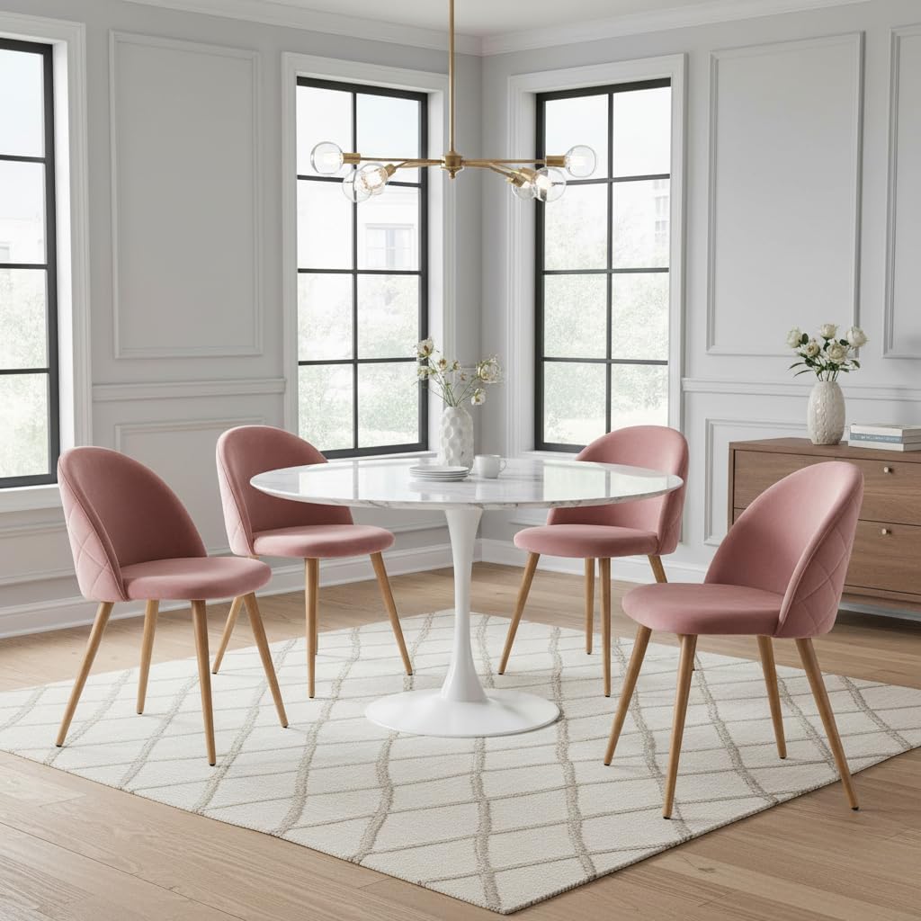 FurnitureR Upholstered Dining Chairs Set of 4, Mid Back Armless Accent Chair Velvet with Wood Legs for Home, Kitchen, Bedroom, and Living Room, Rose