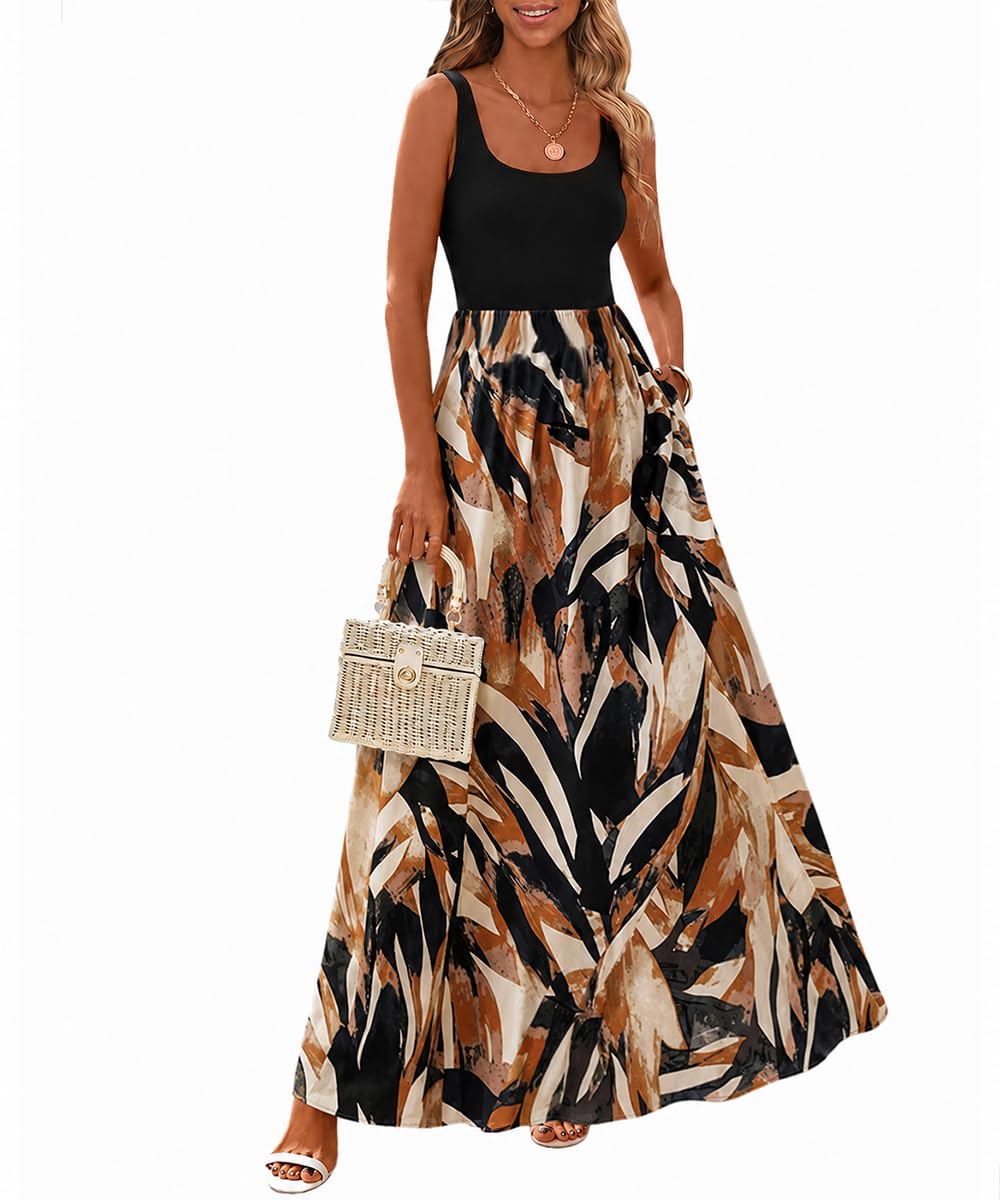 ABINGOO Sommerkleid Damen Lang Boho Leicht und Luftig Ärmellos Rundhals Strandkleid Lässig Tank Maxikleid Mit Taschen Elastischer Taille