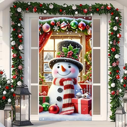 Image of BlissYard Christmas Door Cover 35x71 Inch Winter Snowman Door Banner Holiday Decoration Indoor Outdoor Christmas Backdrop Door Hanging for Porch Wall Home Party Seasonal Photo Background