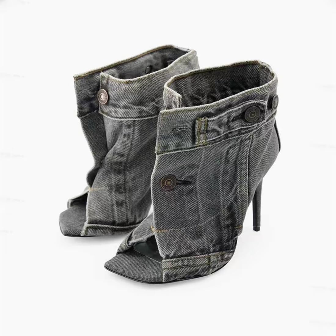 Women's Peep Toe Stiletto High Heel Ankle Denim Booties Studded Metal Button Slouchy Cowgirl Boots for Party and Casual Wear