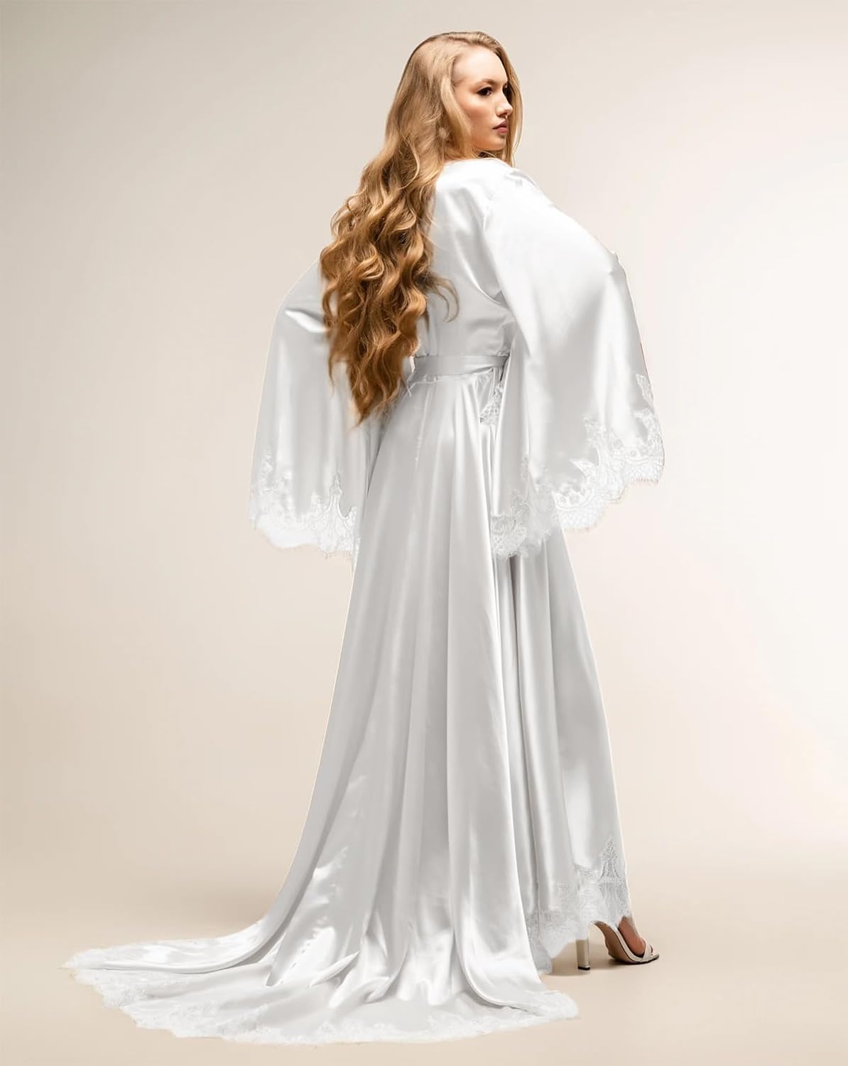 BATHGOWN Women's Satin Robe Black Silk Kimono Bride Robe for Wedding Day Lightweight Long Lace Loungewear Sleepwear - Image 2