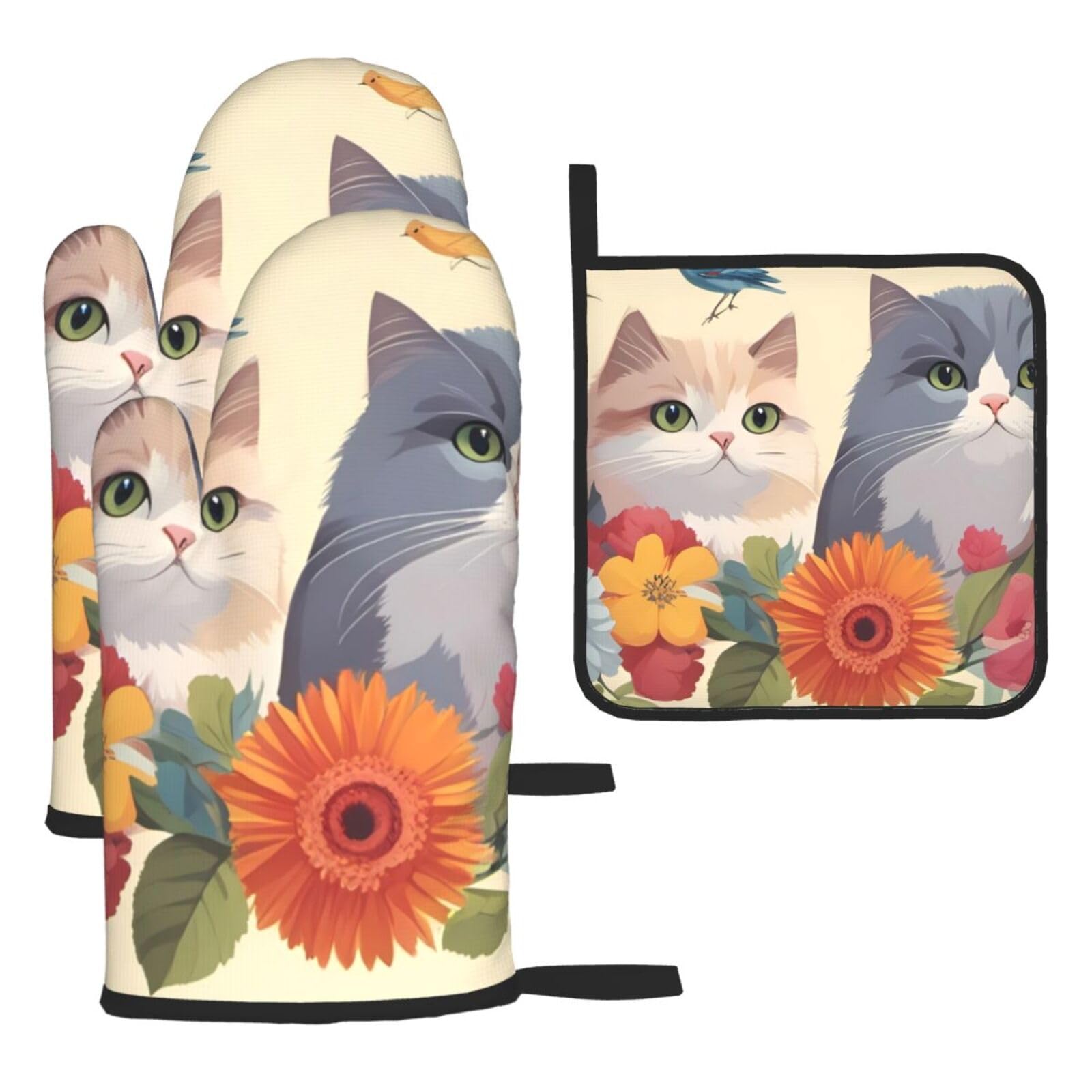 Maniques anti-brûlure motif chats et fleurs pour cuisiner au quotidien