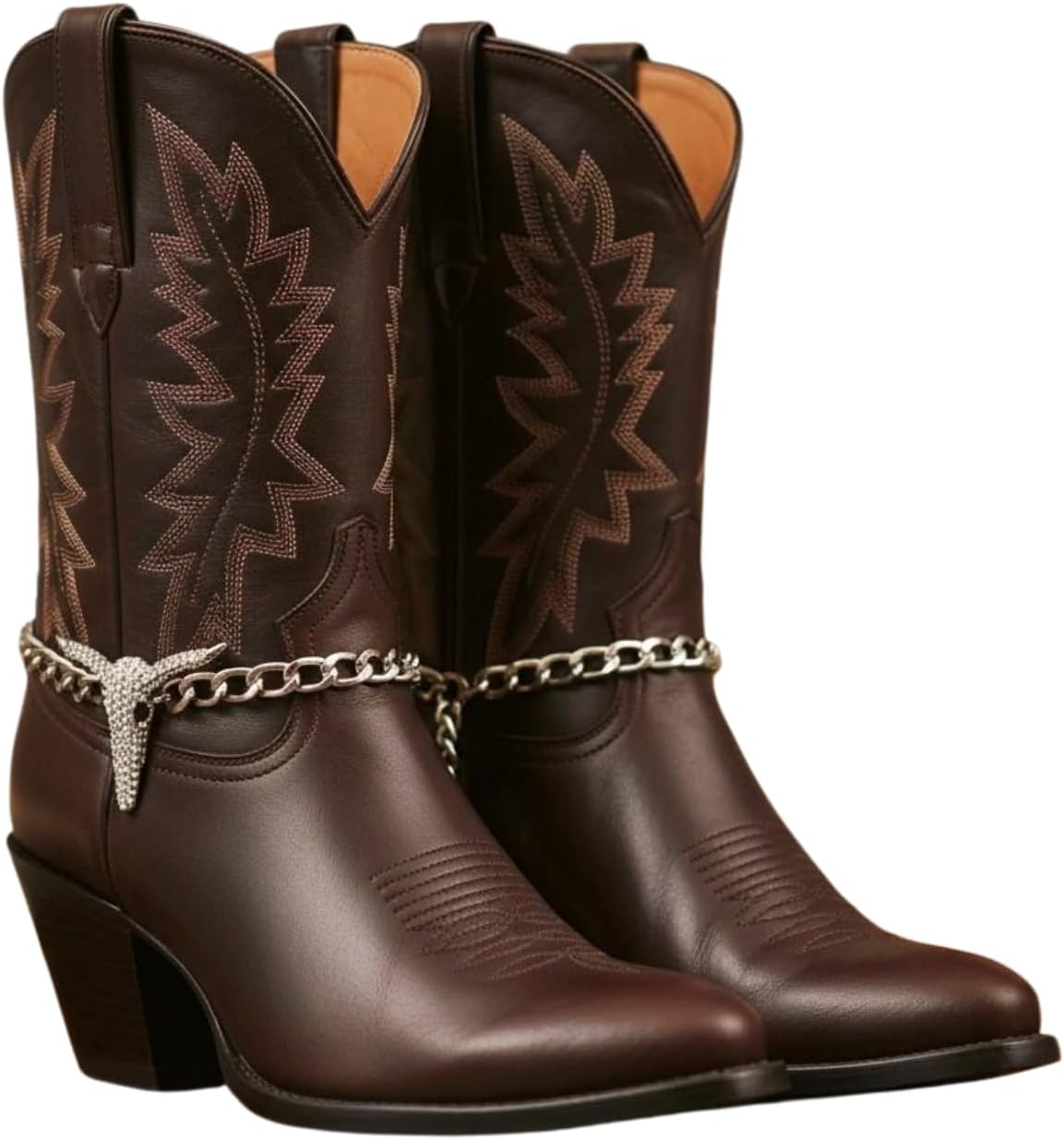 Women’s Boot Chain Anklets – Shiny Silver Rhinestone Longhorn Bull Skull Pair Western Cowgirl Boot Jewelry Handmade in the USA (BC34)