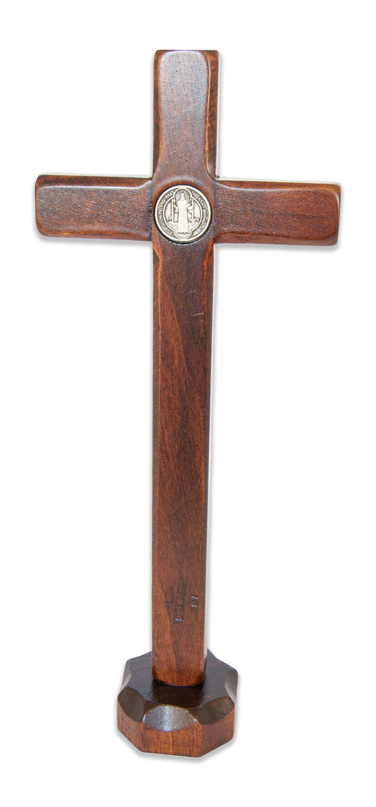 La Balestra - Crucifijo de San Benito en madera natural de mesa - Cristo chapado en plata 999 - Fabricado en Umbría (Italia) - Medidas 25 x 14 cm