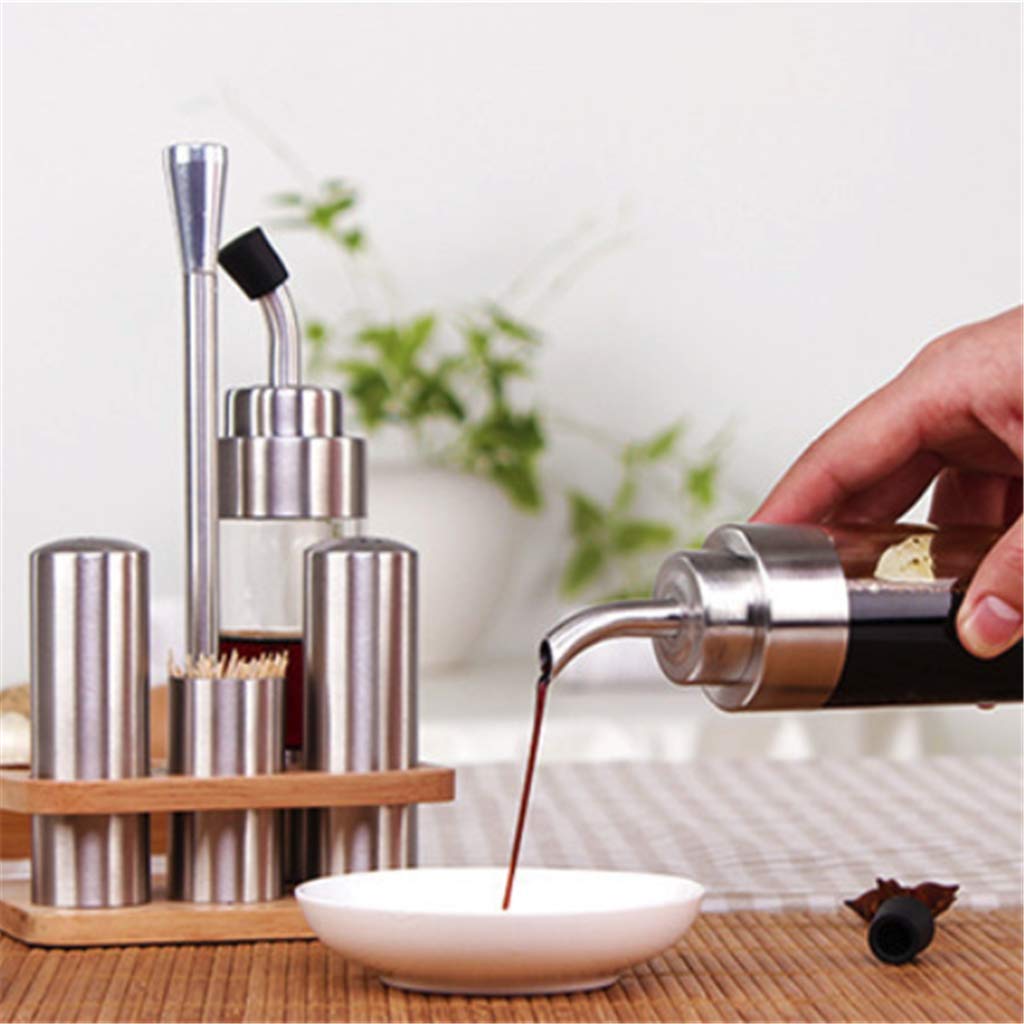 Aceitera de acero inoxidable + pimentero + dispensador de palillos de dientes con soporte de madera para cocina, hotel, restaurante