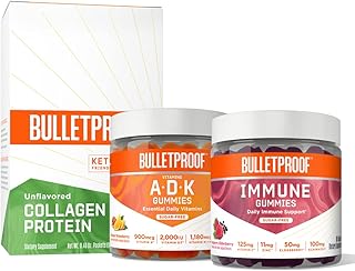 Bulletproof Vitamins A+D+K Gummies, Immune Gummies, and Unflavored Collagen Protein Powder Packets, Pack of 15