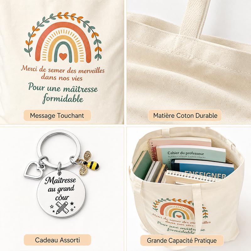 Tote Bag Maitressee Merci Porte-Clé Sac Cabas Femme Grande Capacité Réutilisable