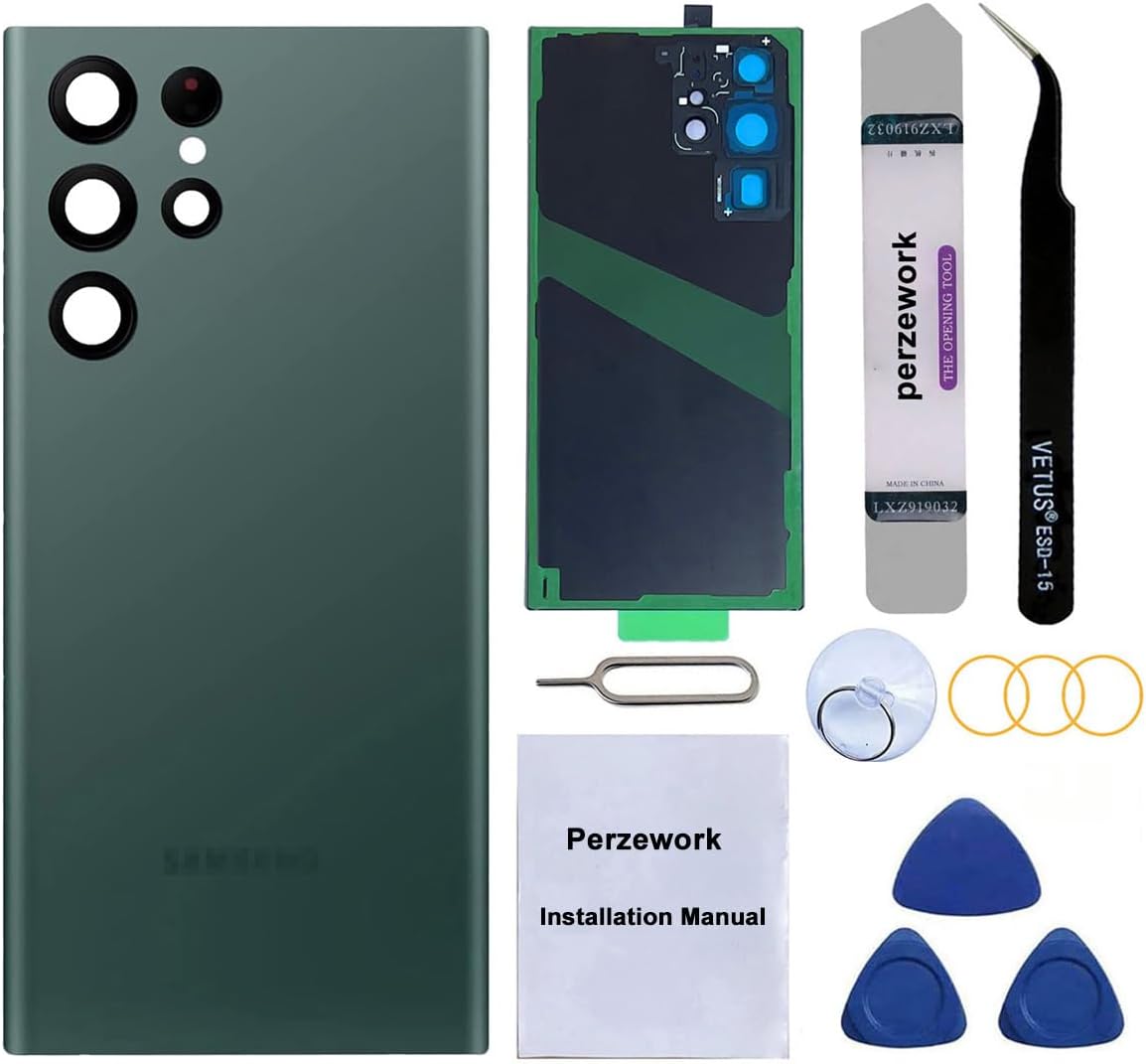 Rear Back Glass Replacement for Samsung Galaxy S22 Ultra 6.8 inches 5G with Reparing Toolkit and Pre-Installed Adhesive (Green)