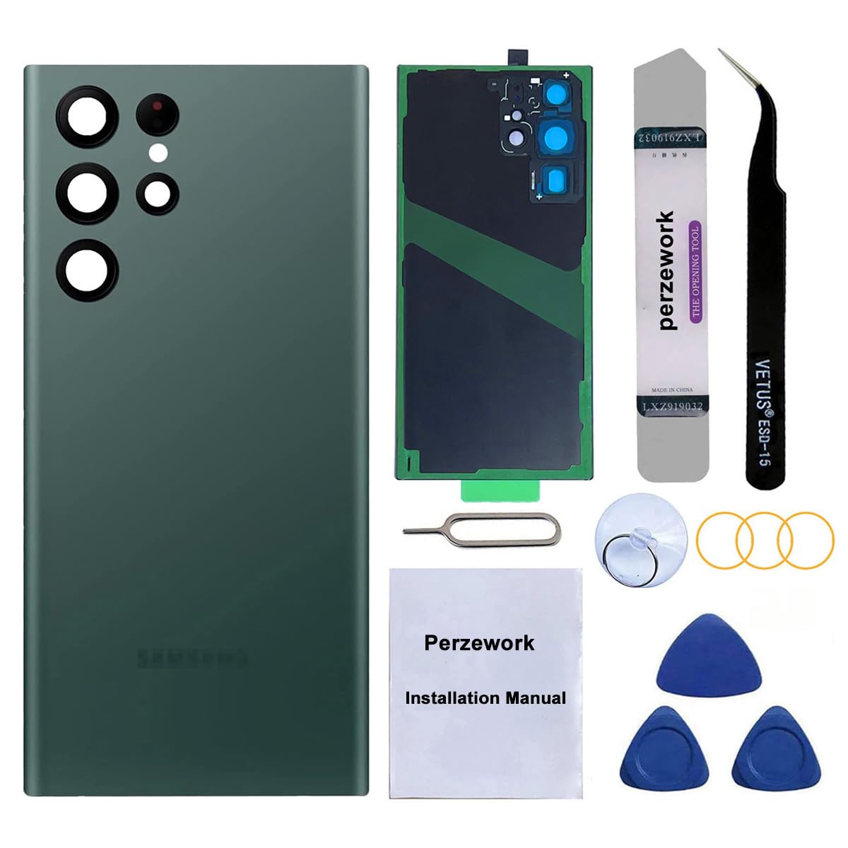 Rear Back Glass Replacement for Samsung Galaxy S22 Ultra 6.8 inches 5G with Reparing Toolkit and Pre-Installed Adhesive (Green)