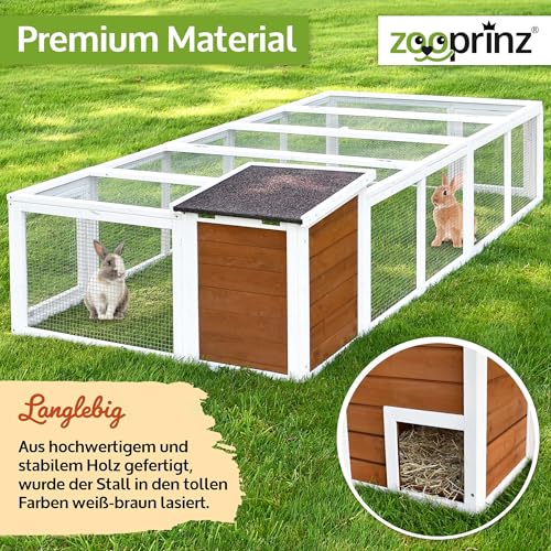 zooprinz brandneues Freilaufgehege mit Stall für draußen – ideal für Kleintiere – Besonders stabiler und großer Holzrahmen mit Kaninchenstall – Freilauf mit natürlicher Farbe lasiert – Hasenstall (XL)