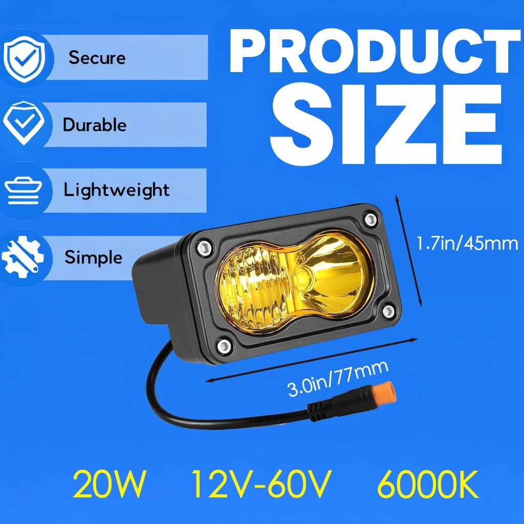 Compatible fits Ridstar Q20 Ebike Headlight, 6500K 20W Super Bright Waterproof LED Light for Ebike, 3 Pin Universal 12V-60V for Ebike, Motorcycle, ATV