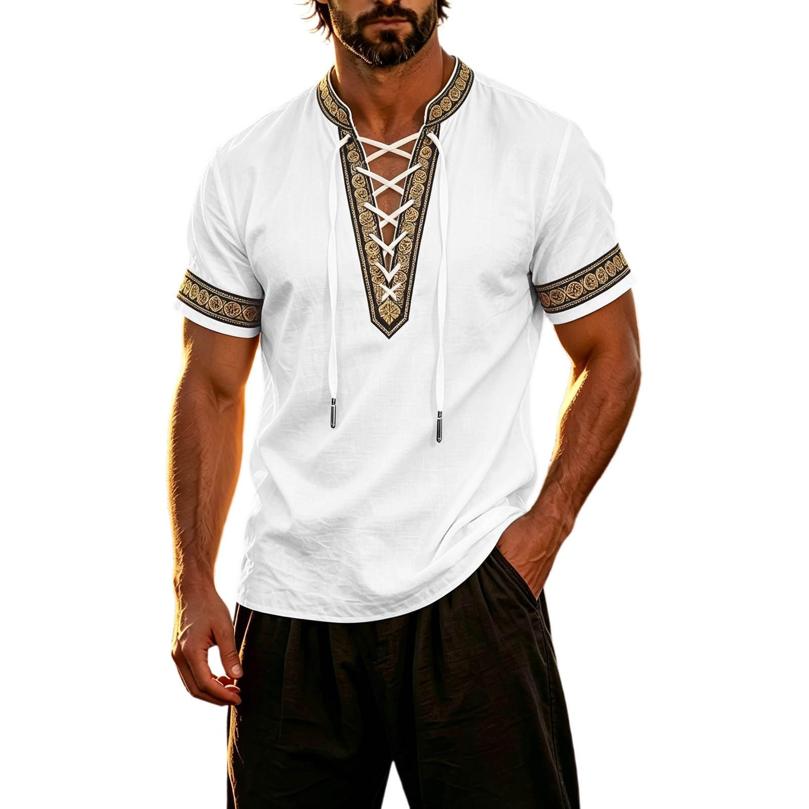 Summer Shirts for Men Short Sleeve Medieval Pirate Scottish Ghillie Shirt — image 1