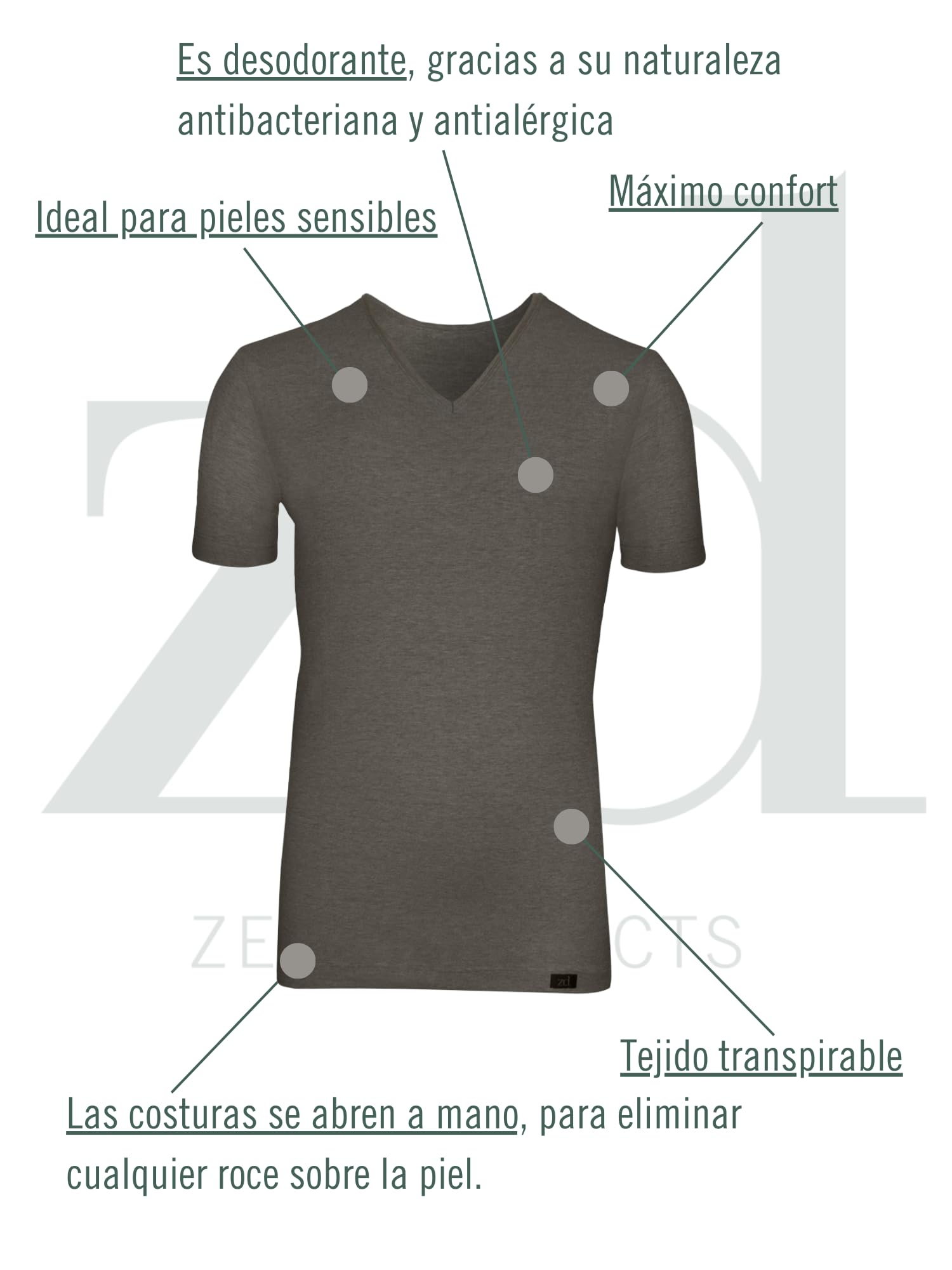 ZD ZERO DEFECTS | Camiseta Interior de Hilo de Soja | Manga Corta y Cuello Pico | Suave Transpirable Hipoalergénica
