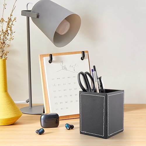 Miniatura 6 de Lápices de cuero sintético negro, contenedor cuadrado de cuero para bolígrafos, organizador de almacenamiento de papelería de escritorio