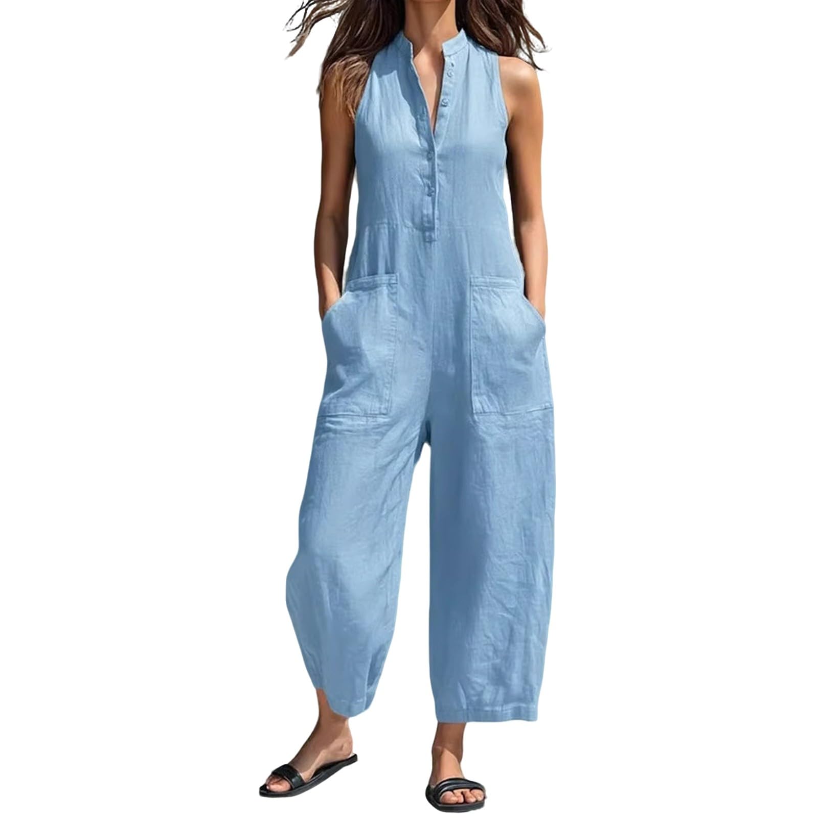 Generisch Tuta da donna con pantaloni, per il tempo libero, senza maniche, con colletto alto, gamba larga, abbottonatura, tinta unita, casual, estiva, leggera e confortevole, per spiaggia e vacanze