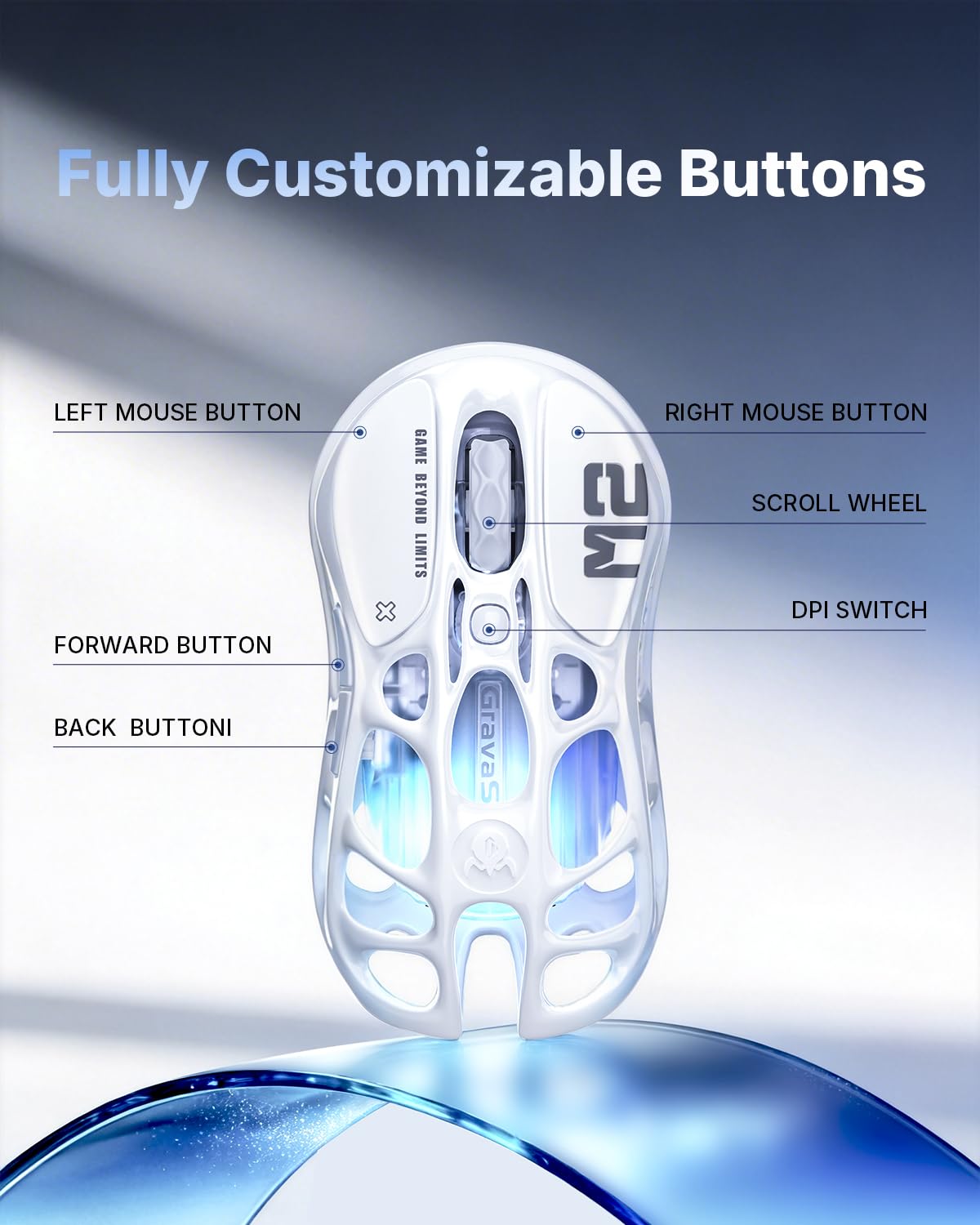 GravaStar Mercury M2, mouse da gioco wireless con 26.000 DPI, sensore PAW3395DM - Design leggero scavato da 79g - 5 pulsanti programmabili - 5 RGB Dynamic Lightsync (Bianco)