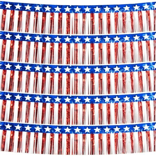 Image of 4th of July Decorations 10 Pack 10 Feet Foil Fringe Garland Tinsel Streamers Red White and Blue Star American Flag Banner Table Skirts for Parade Floats Memorial Day Patriotic Party (100 FT)