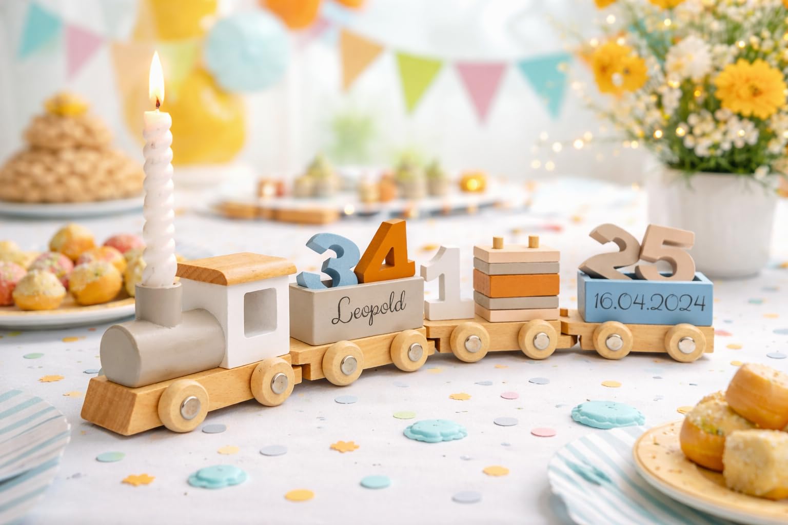 Personalisierter Geburtstagszug aus Holz mit Zahlen 1–5 – Kinder Geburtstagszug mit Kerzenhalter – Tischdeko & Spielzeug für Kindergeburtstag – Geschenk zum 1.–5. Geburtstag