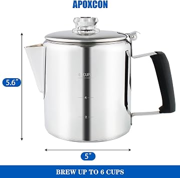 Multi Use Percolator Coffee Pot Stainless Steel Stove Top Coffee Maker with Two Tough Borosilicate Glass Knob Silica Handle Camping Coffee Pot Using on Campfire Stove & Induction Cooker Silver 6 Cup