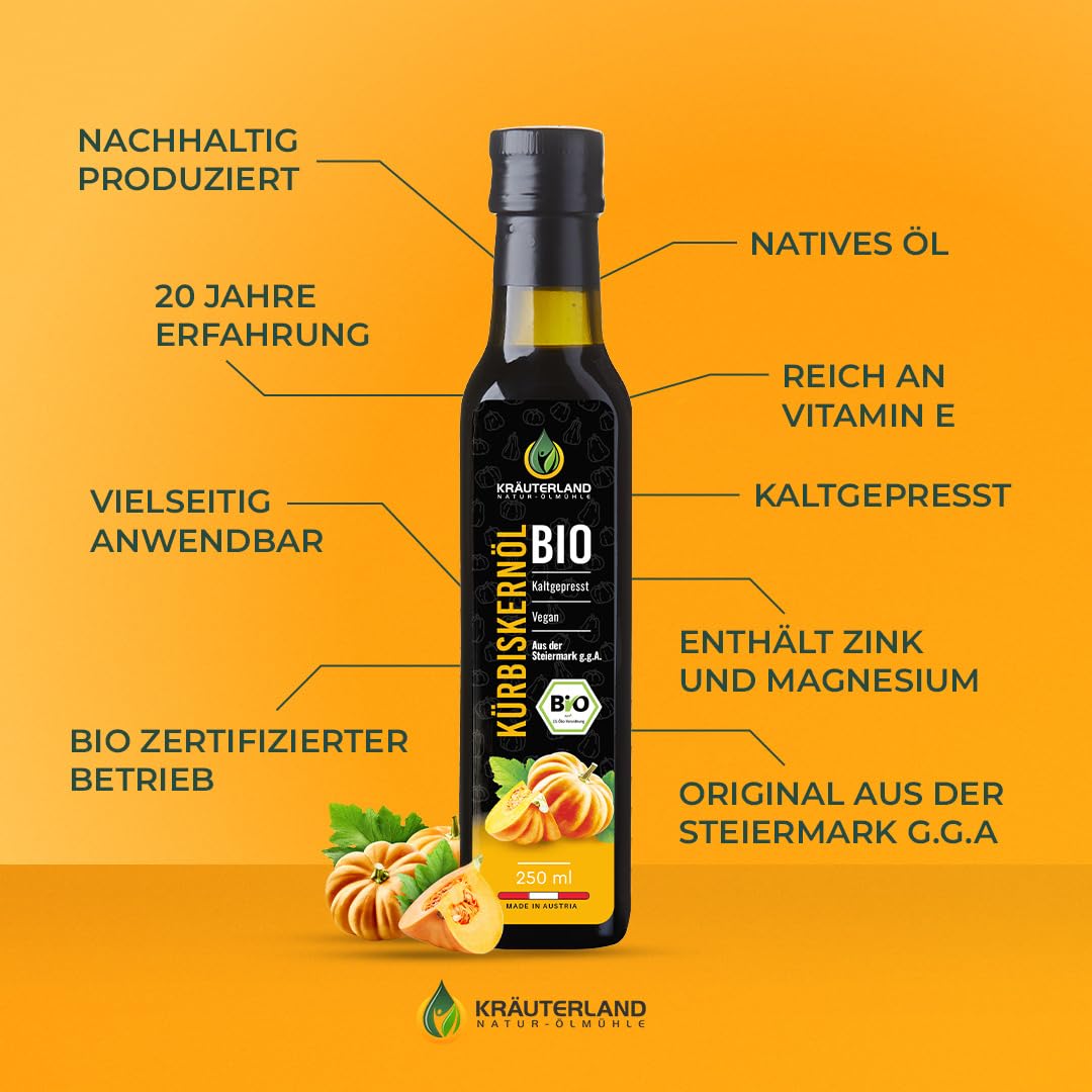 Kräuterland steirisches Bio Kürbiskernöl 4X 250ml (1Liter) geröstete Kerne | 100% naturrein, vollmundig & nussig, GVO-frei, für Salat, Suppe & Süßspeisen, mehrfach ungesättigte Fettsäuren & Vitamin E