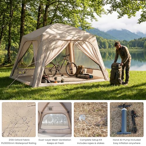 Image of Inflatable Camping Tent, Instant Setup Inflatable Tents with Pump, TPU Inflatable Pole Tent with Stove Jack, 9 sqm XL Space Lightweight Portable Inflatable Camping Tent for 4-6 People