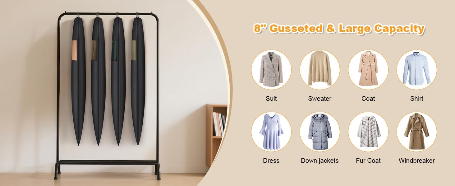 Syeeiex 54'' Garment Bags for Hanging Clothes with 8'' Gussets,Space Saving Hanging Garment Bag with Self Compression Zipper - Save 50% Space-Can Hold 6 Down Coats,8 Fur & Winter Coats,20 Shirts(2PCS)