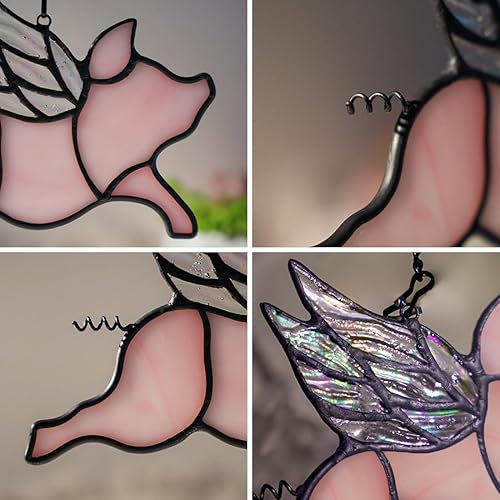 Miniatura 3 de BOXCASA Decoración de cerdo volador para los amantes de los cerdos, divertida decoración de fiesta de cerdo colgante de vitral, decoración de fiesta