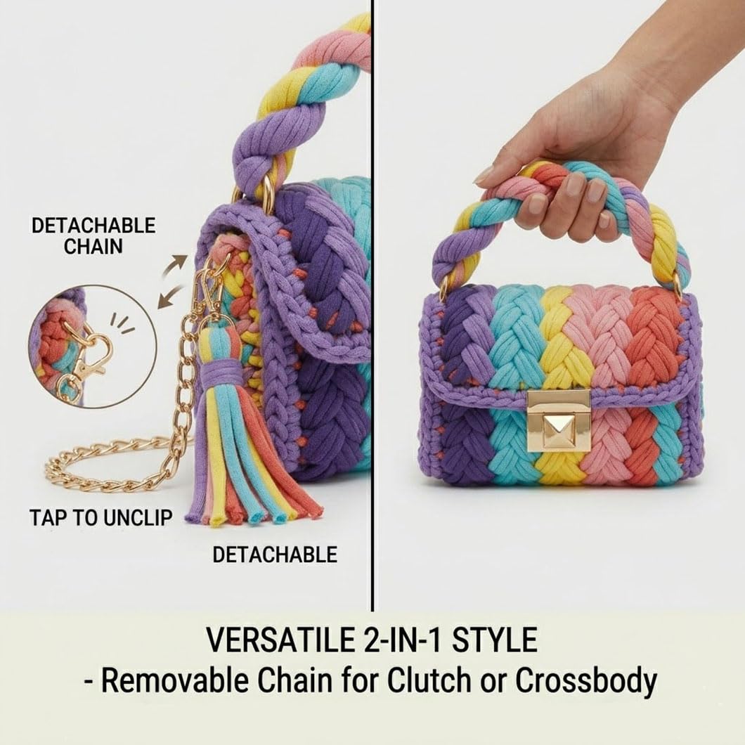 Bolso bandolera de estilo bohemio y clutch de noche – Bolso de mano tejido a mano con hilo grueso para mujer, con cadena desmontable