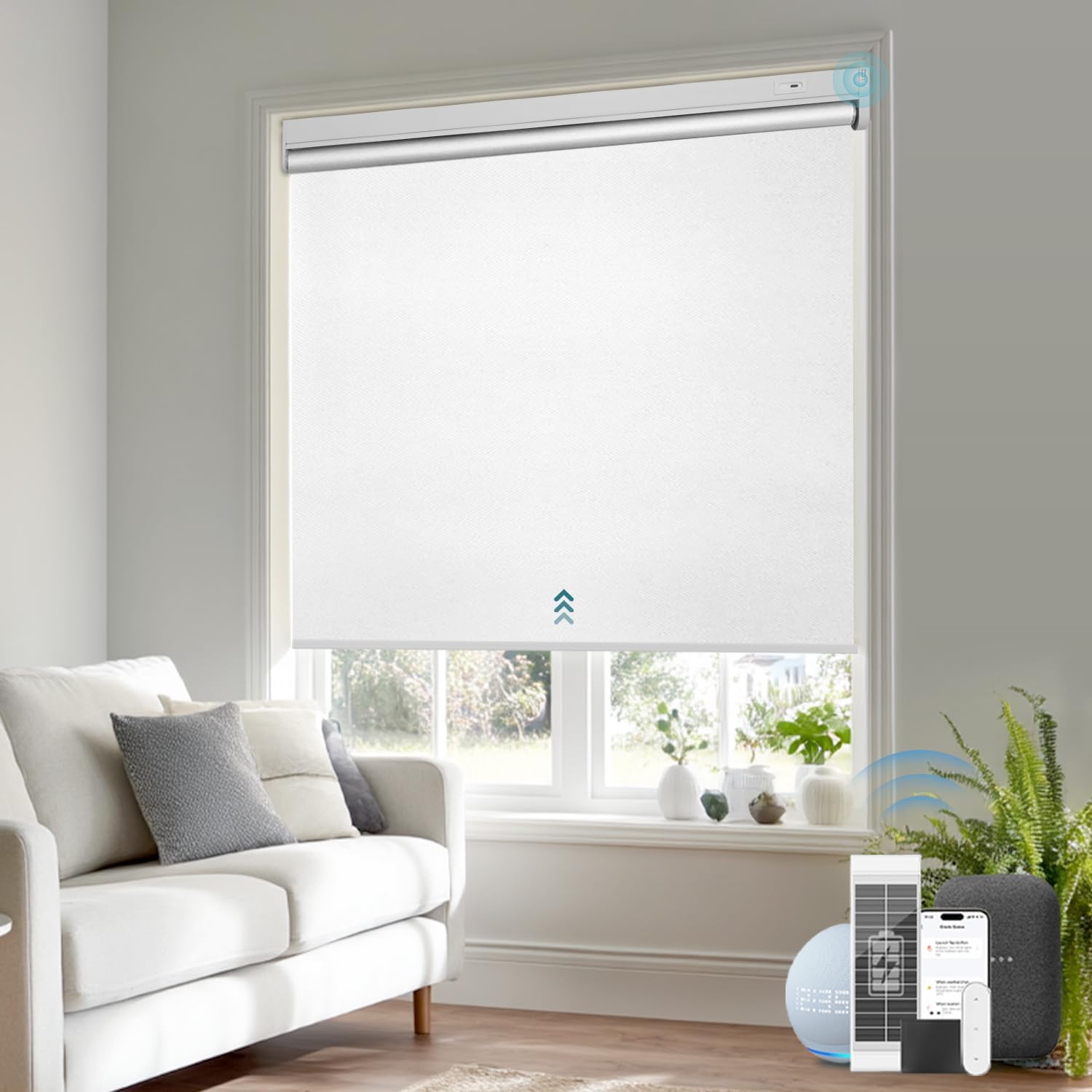 Smart Motorized Blackout Roller Blinds with Remote & Solar Panel, Cordless Electric Shades, USB-C Rechargeable, Compatible with Alexa via Hub, White, 35½”*W x 72” H