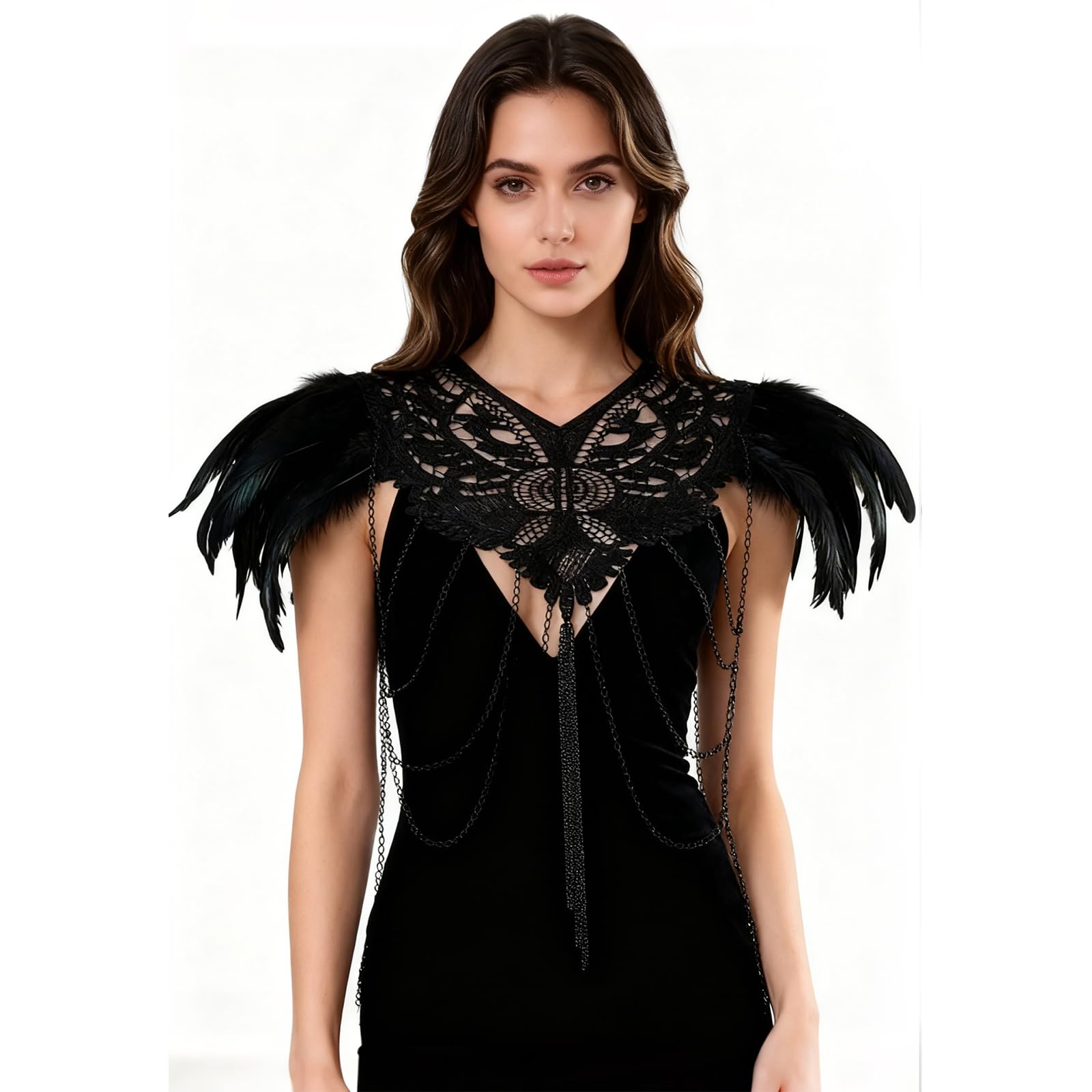 L'VOW Real Black Feather Harness Lace Collar Necklace Bib Halloween: X- Black
